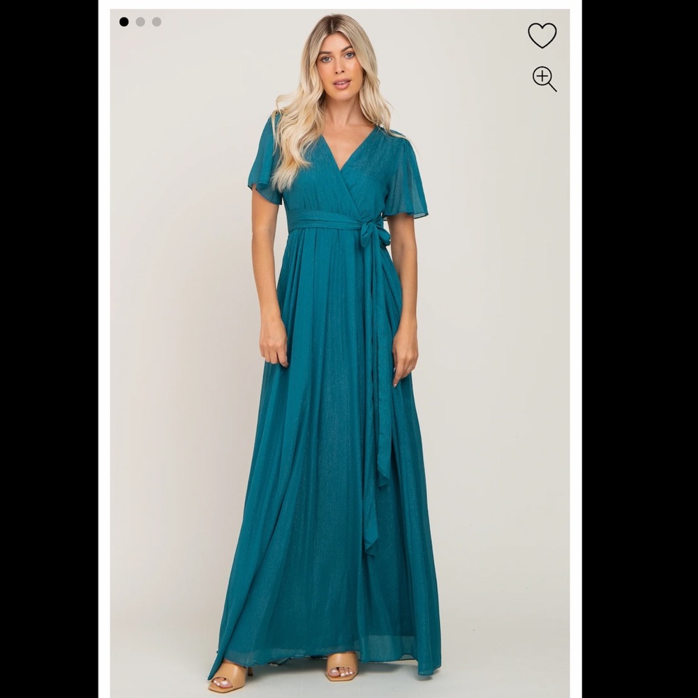 PinkBlush teal metallic shimmer chiffon wrap maxi dress size M